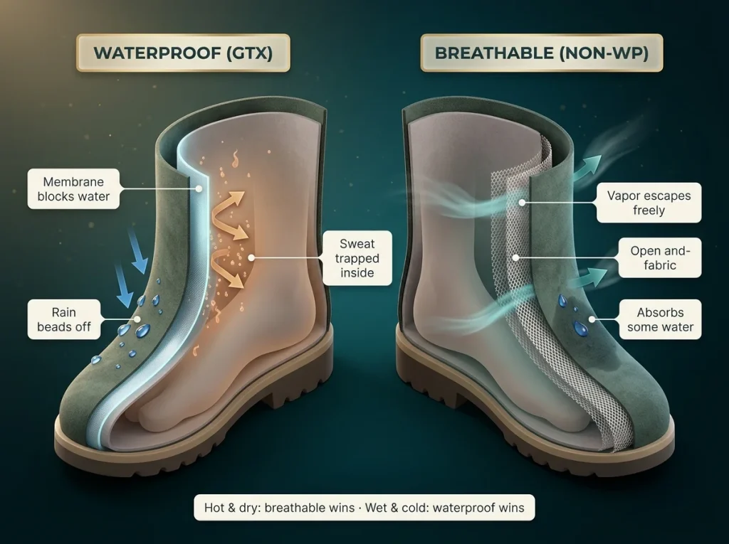Cross-section diagram comparing waterproof GTX and breathable hiking boots with arrows tracing sweat vapor and water droplet movement