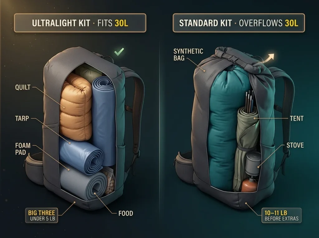 Comparison infographic showing an ultralight kit fitting in a 30L pack versus a standard kit overflowing the same pack