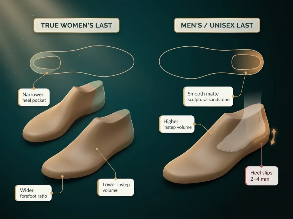 Diagram comparing women's and men's hiking boot last geometry showing heel width, forefoot ratio, and instep volume