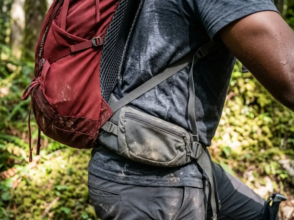 Close view of a loaded hiking backpack hipbelt and suspended mesh back panel