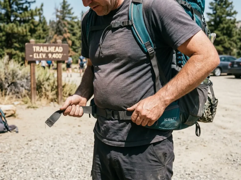 Hiker setting the hipbelt of a backpacking backpack on the hip bones for a proper fit