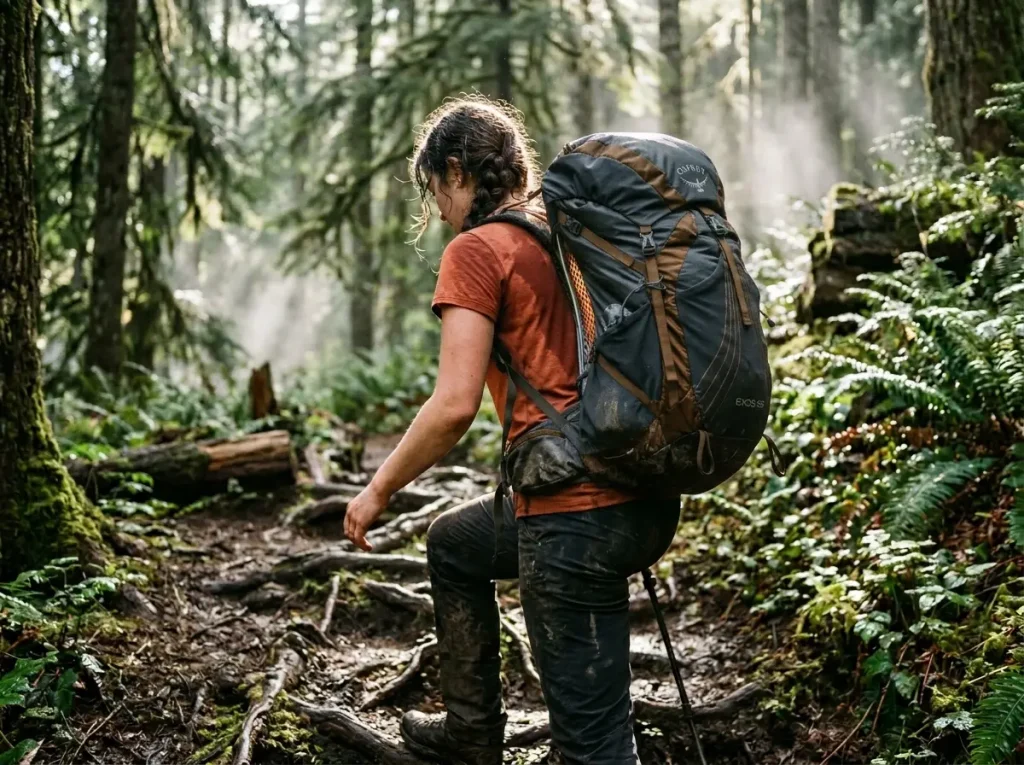 Suspended mesh back panel of a lightweight backpacking backpack showing the airflow gap