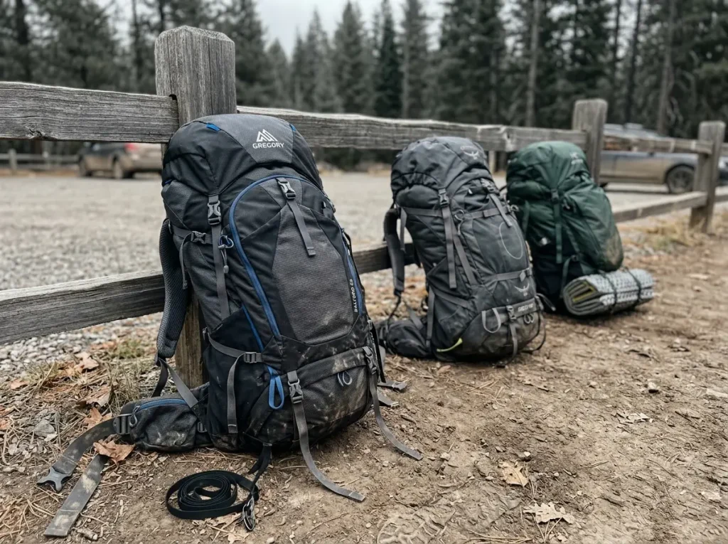 Several multi-day backpacking backpacks leaned together at a trailhead for comparison