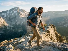 Backpacking Backpacks Buying Guide Fit Beats Specs Hiker on a granite ridge under a loaded multi-day backpacking backpack at golden hour