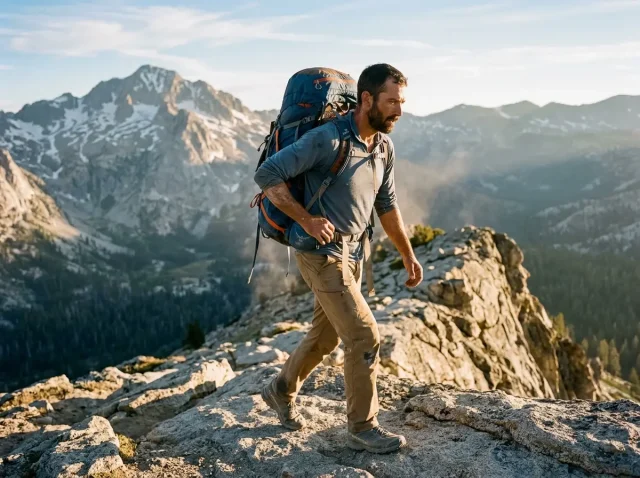 backpacking-backpacks-multi-day-hero Hiker on a granite ridge under a loaded multi-day backpacking backpack at golden hour