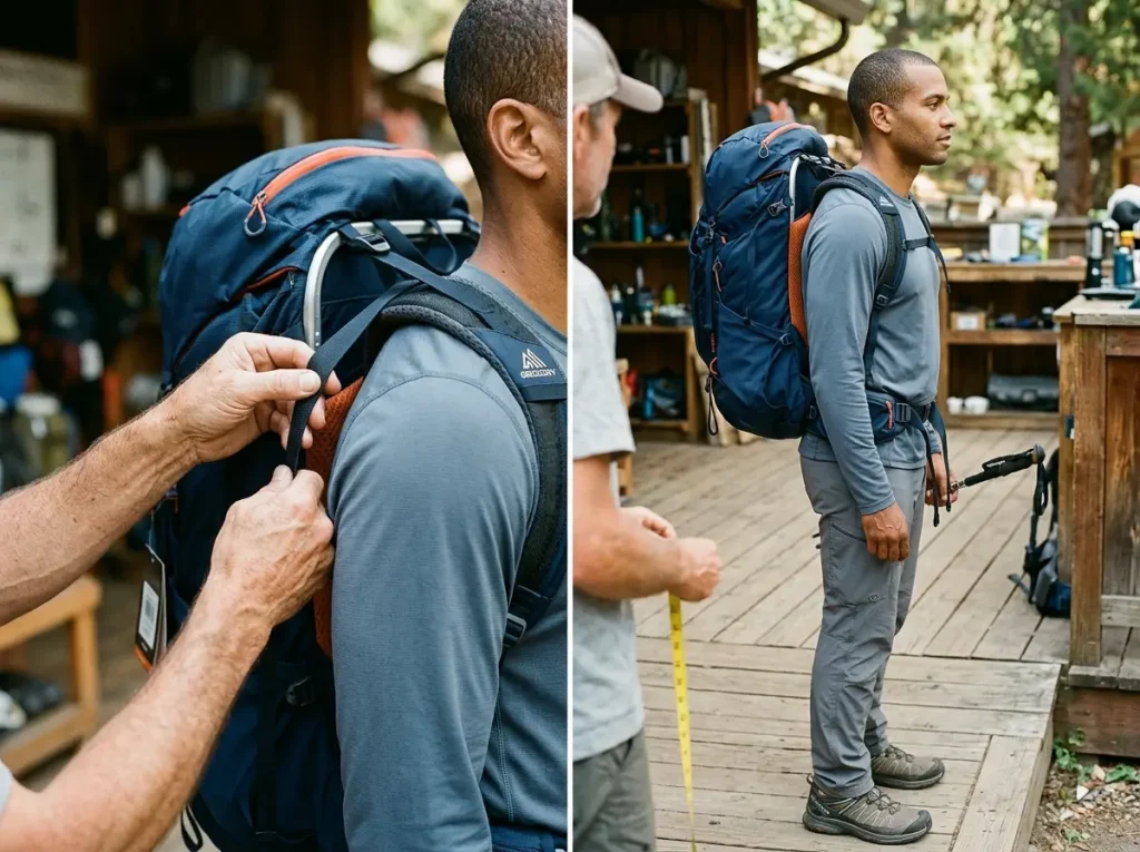 Hiker checking backpacking pack torso fit and load-lifter strap angle for proper sizing