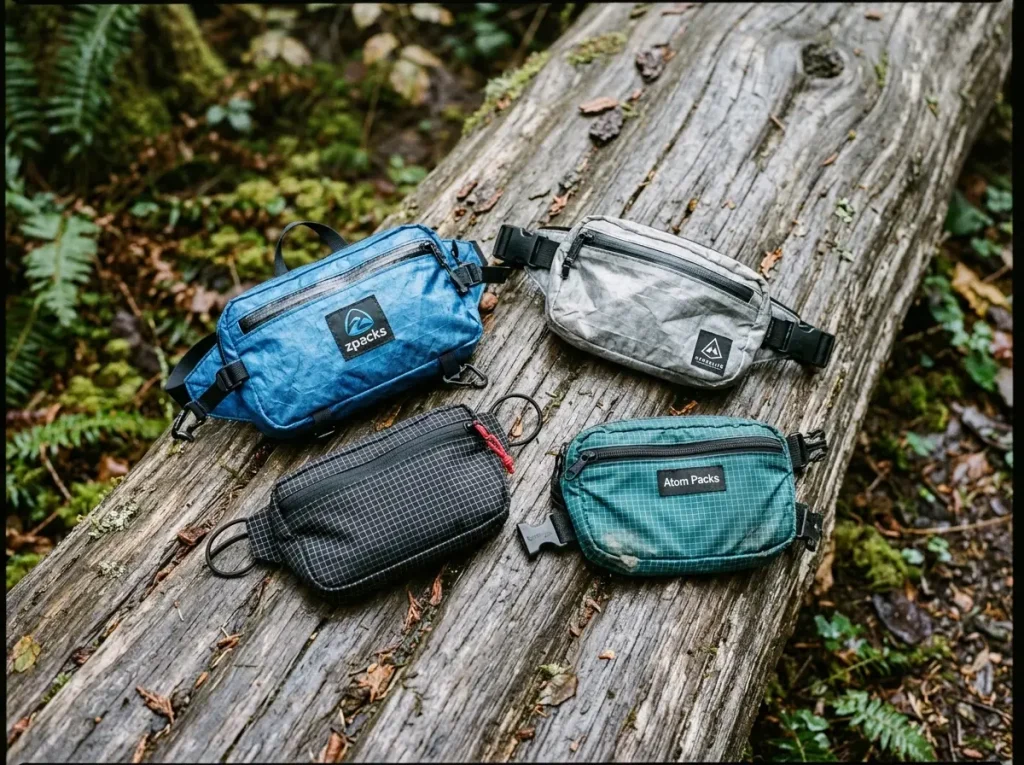 Several cottage hip belt pockets laid out on a log showing the direct-to-consumer options
