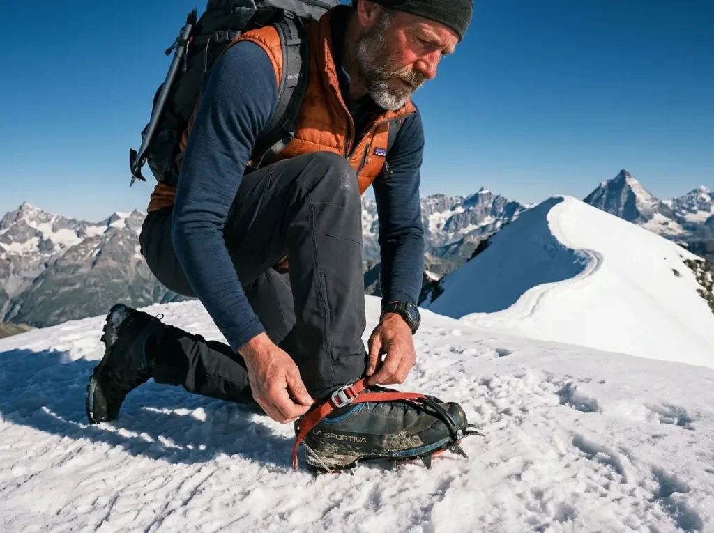 Winter hiker adjusting crampons on stiff hiking boots on snow covered mountain trail