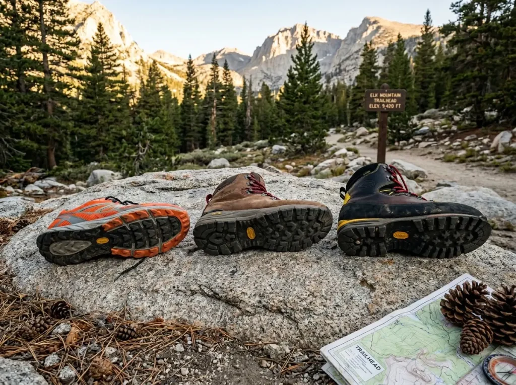 Three hiking boots side by side showing different sole stiffness levels from flexible to fully rigid mountaineering