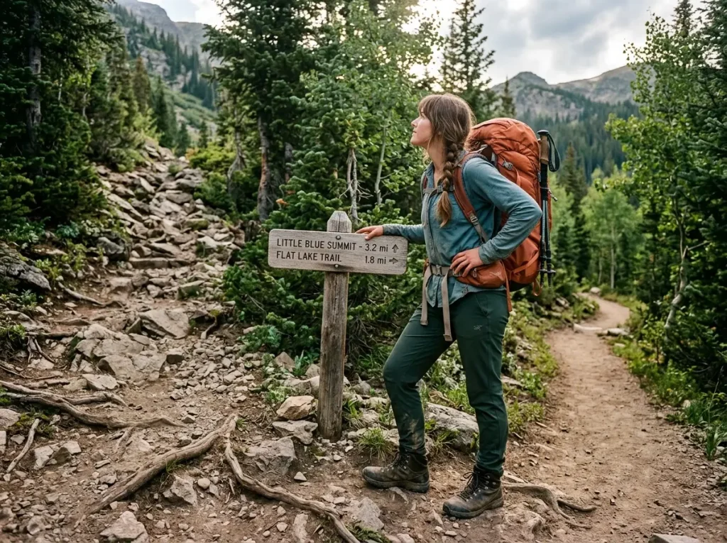 Hiker with large backpack standing at trail fork considering terrain ahead with stiff hiking boots visible