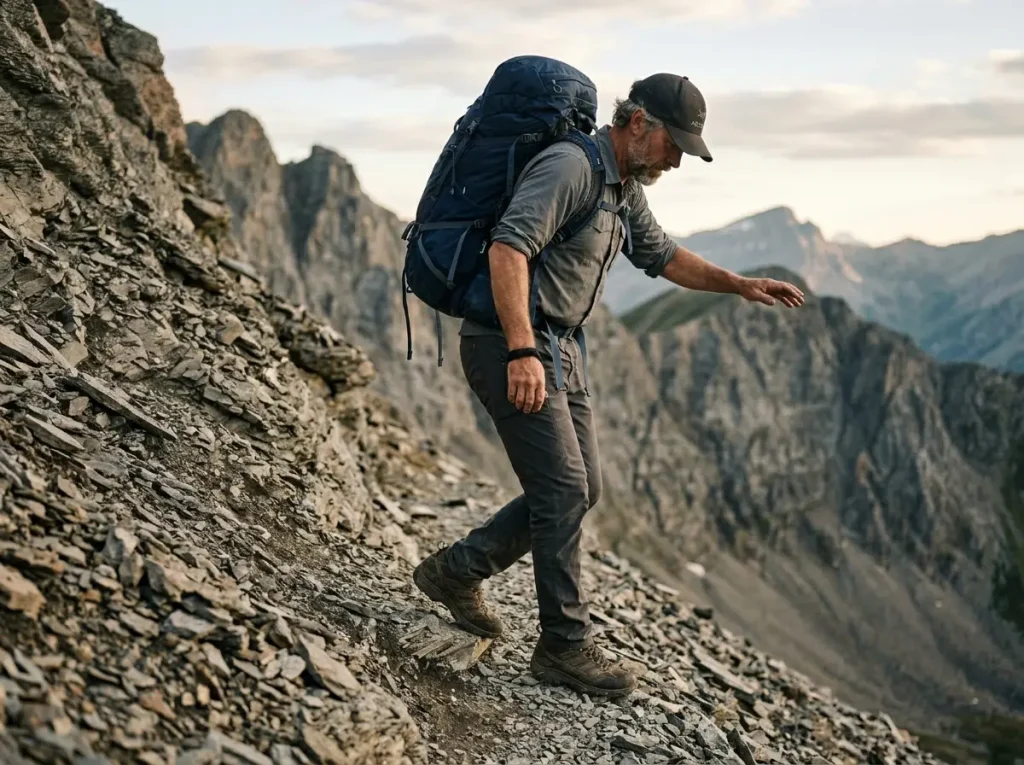 Hiker in heavy pack traversing steep rocky slope showing boot torsional support on uneven terrain
