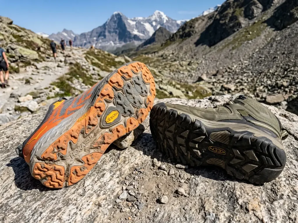 Trail runner and hiking boot placed side by side on rocky terrain showing sole construction difference