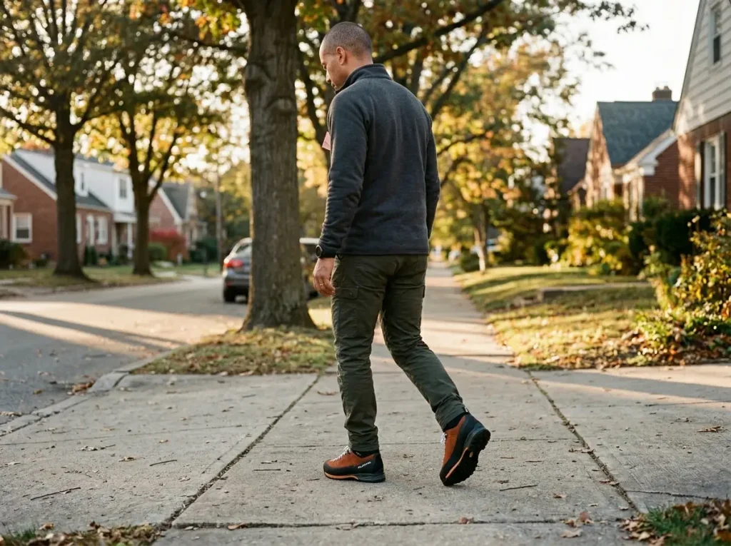 Breaking in new hiking boots on a short neighborhood walk — progressive break-in method