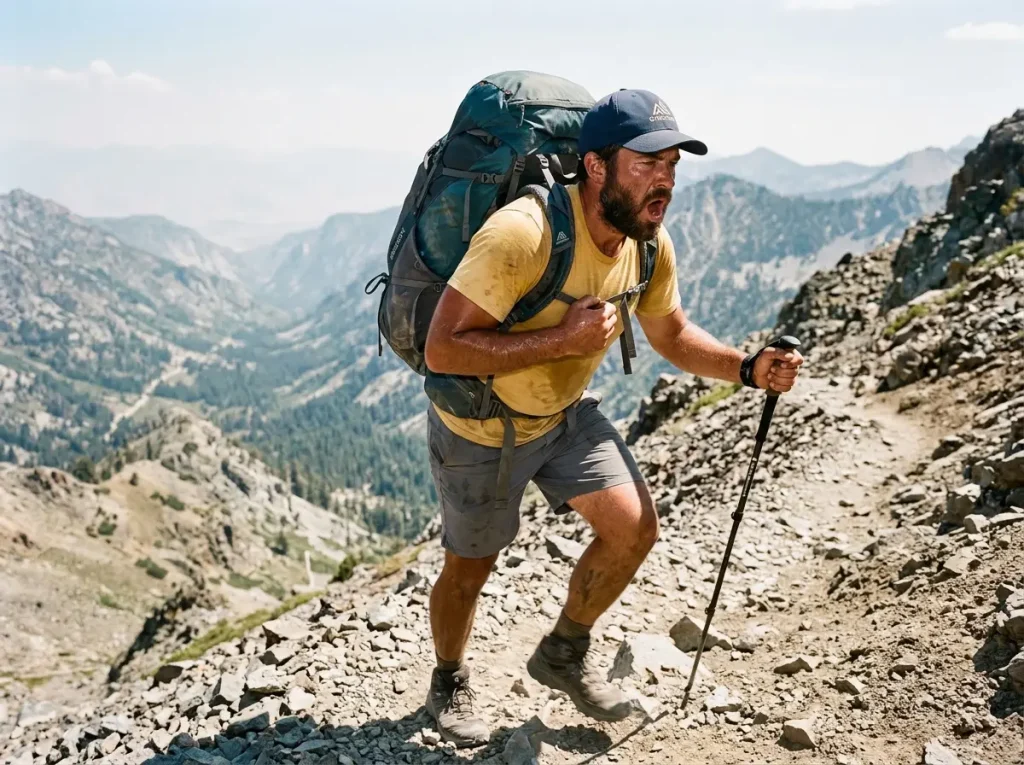 Hiker breathing hard on a steep climb loosening a too-tight sternum strap, loaded Gregory pack