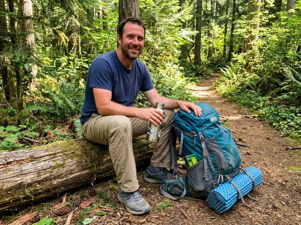 Casual weekend hiker resting with an affordable men's hiking backpack on a forest log