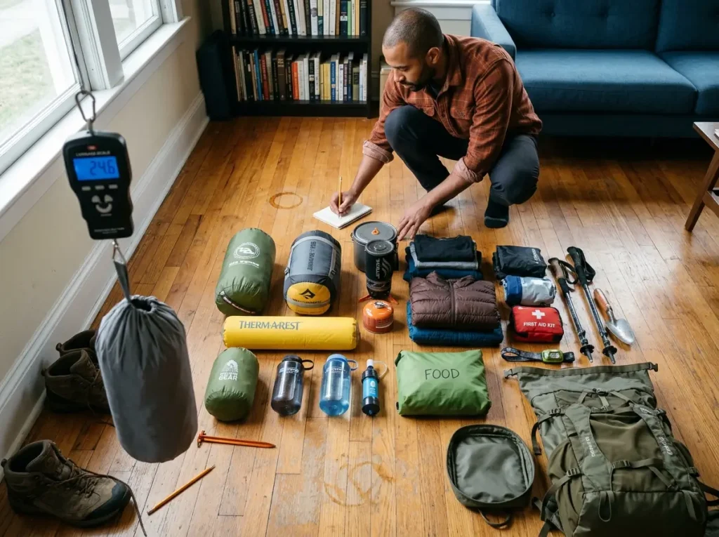 Full backpacking kit laid out on the floor before choosing a pack