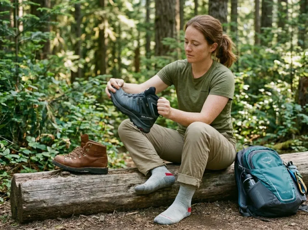 Hiker comparing Salomon cemented trail boot flexibility vs stiff leather boot in hand on trail
