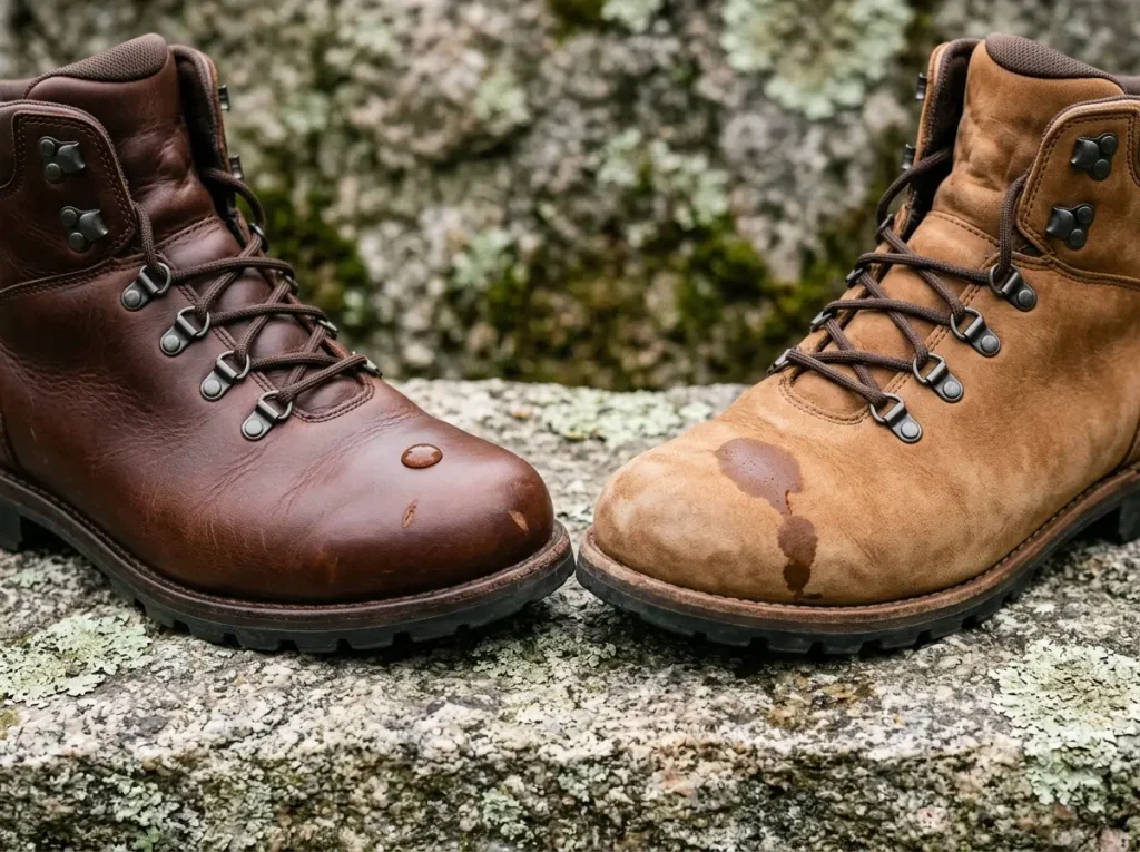 Side-by-side close-up of full-grain and nubuck leather hiking boot uppers showing surface texture difference