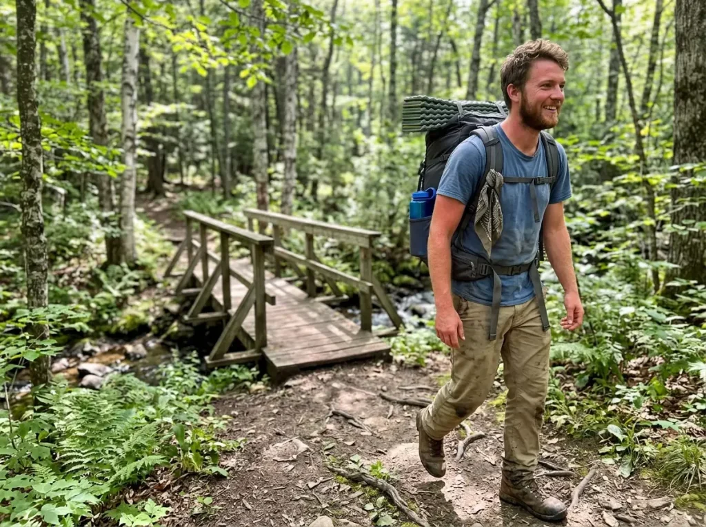 Hiker carrying an affordable framed hiking backpack comfortably on a moderate forest trail
