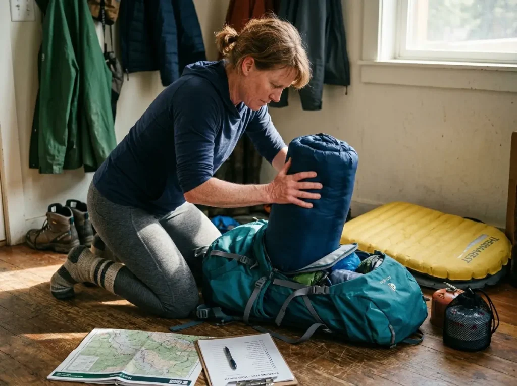 Hiker packing gear into a backpack measuring capacity for a weekend trip