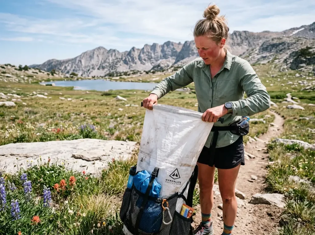 Hiker opening a roll-top hiking backpack to reach gear on the trail