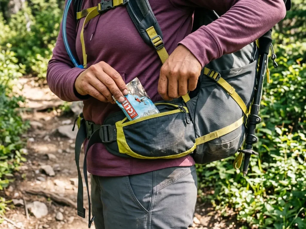 Close-up of a loaded hiking backpack's hip-belt pocket, compression straps, and pole attachment in use