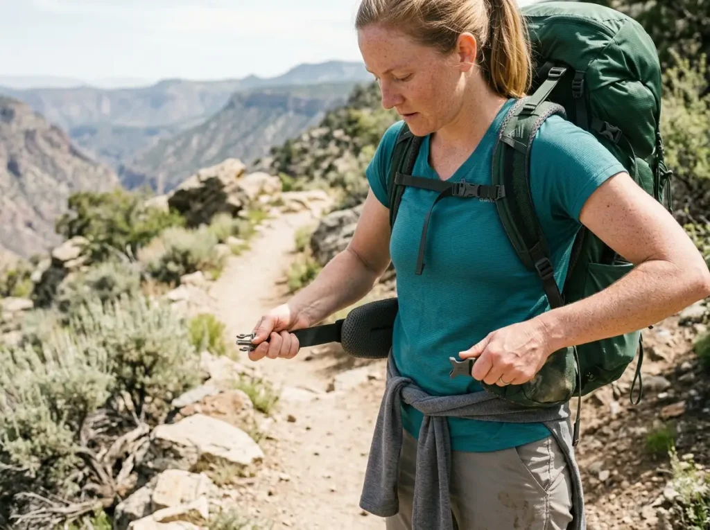 Hiker cinching the hip belt of a loaded hiking backpack so weight rides on the hips