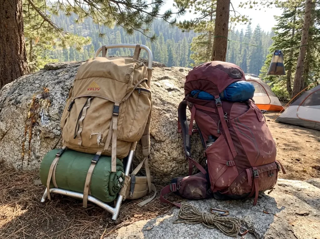 External-frame and internal-frame hiking backpacks side by side against granite to compare structure
