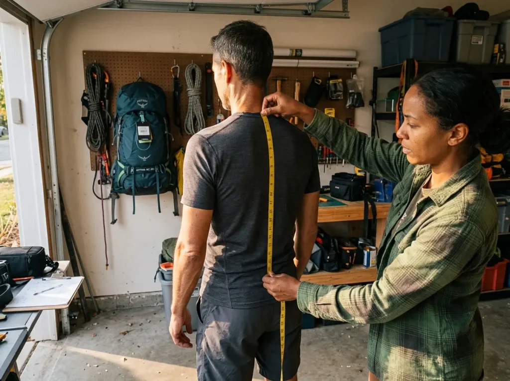 A hiker measuring torso length with a soft tape to size a hiking backpack correctly