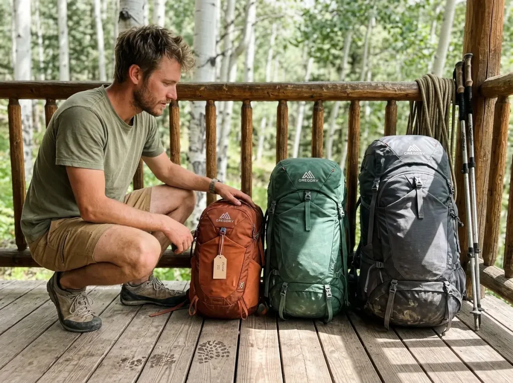 Three hiking backpacks of different sizes laid out on a cabin porch
