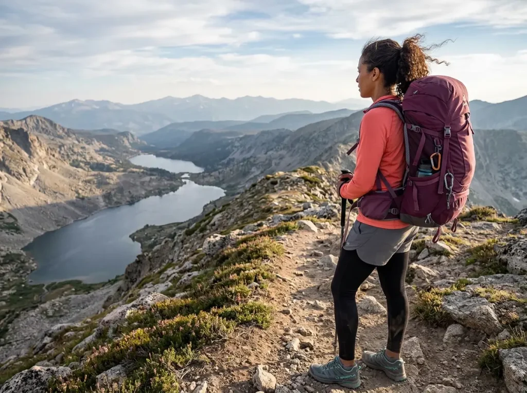 Woman hiker wearing a women's-fit hiking backpack showing the S-curve harness and canted hip belt