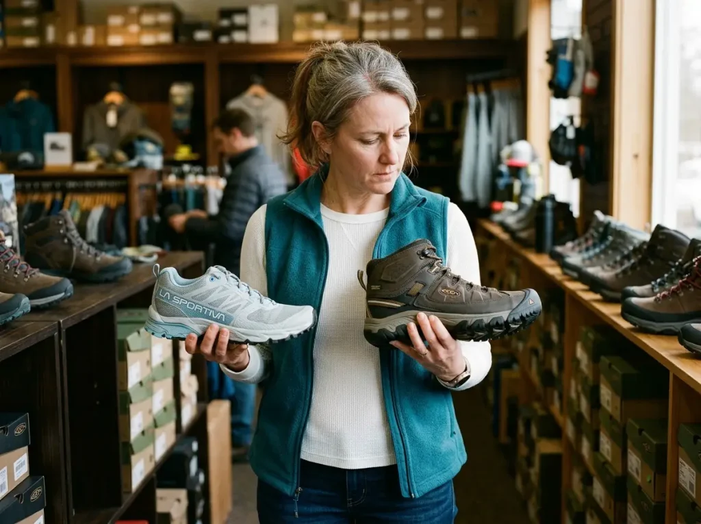 Hiker comparing two hiking boots side by side at outdoor gear shop — choosing based on anatomy