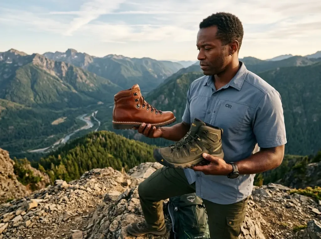 Hiker consulting boot at gear shop comparing cemented and welted hiking boots for purchase decision