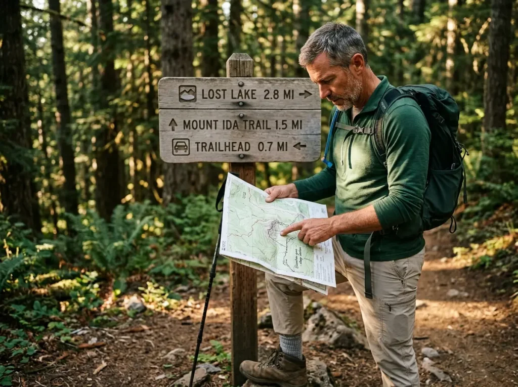 Hiker at trail junction studying topo map to make boot material decision for different terrain types