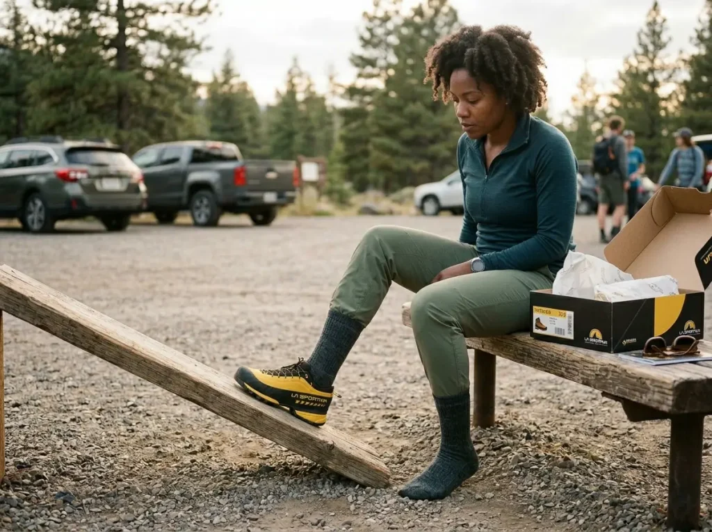 Hiking boot fitting test — toe room and heel lock check at the trailhead