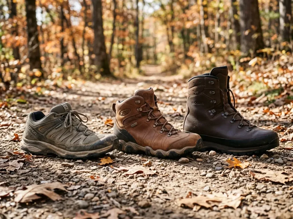 Hiking boot height comparison — low-cut shoe, mid-cut boot, over-the-ankle boot side by side