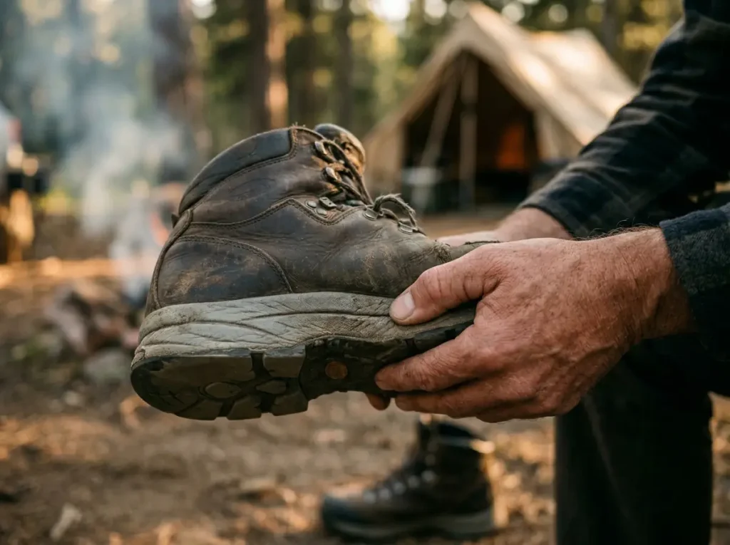 Close-up of worn hiking boot midsole being pressed to test compression — field diagnostic