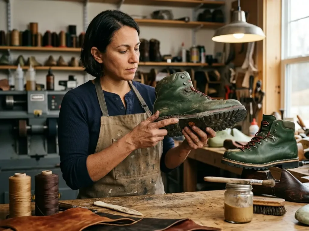 Cobbler inspecting Zamberlan hiking boot welt seam for factory recrafting assessment