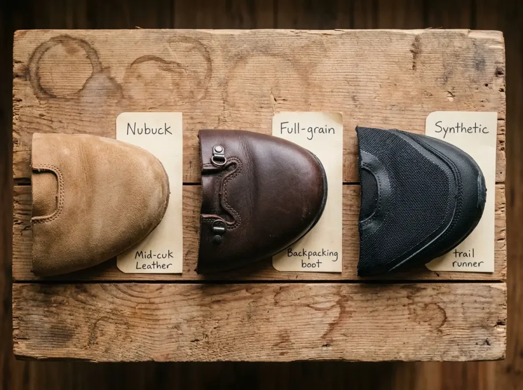 Three hiking boot upper materials compared — nubuck leather, full-grain leather, and synthetic mesh textures