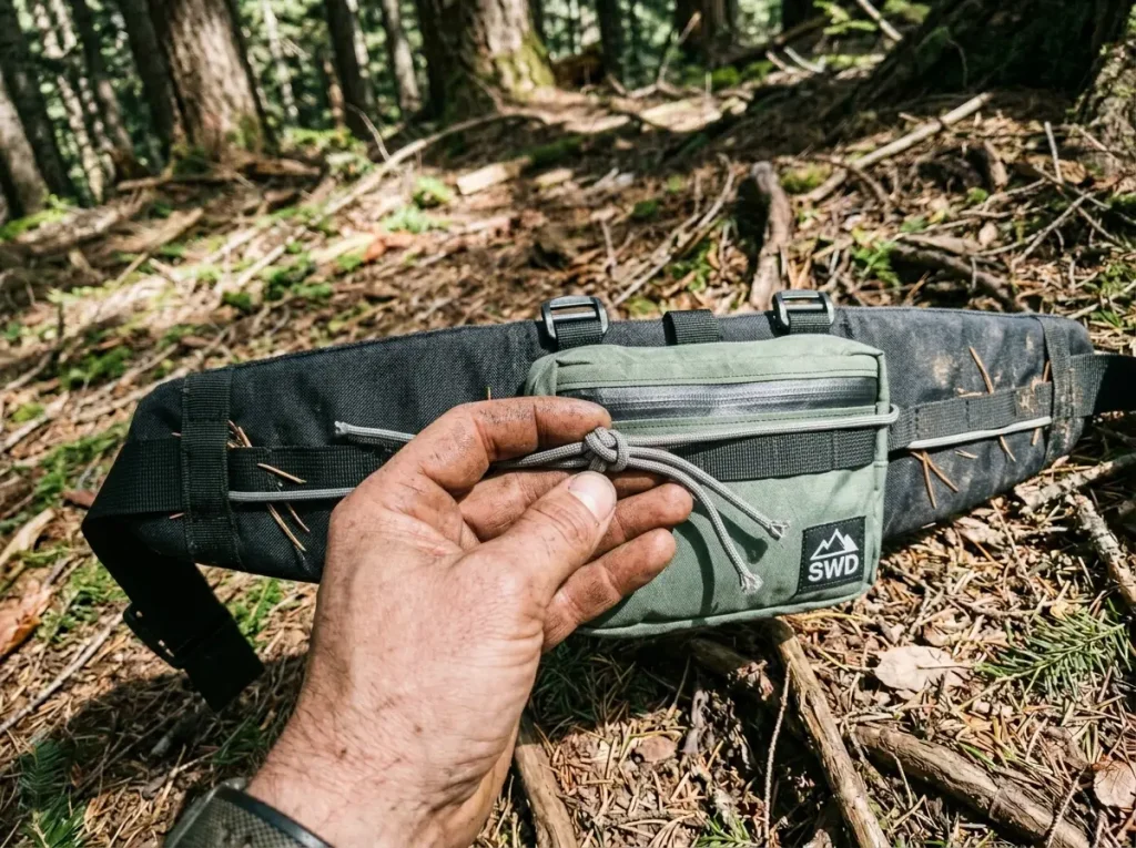 A length of cord tied along a daisy chain to stop a hip belt pocket from bouncing on trail