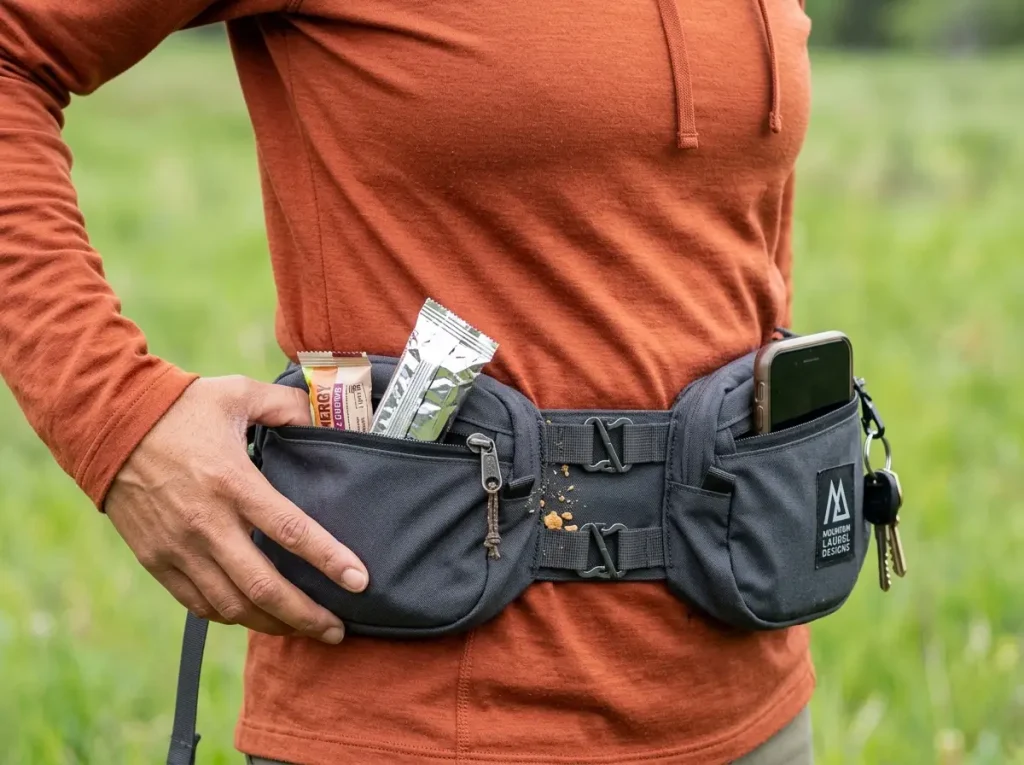 A loaded hip belt pocket with snacks on one side and a phone on the other for quick trail access