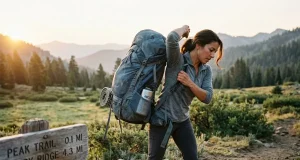 How to Choose a Hiking Backpack Without Wasting Money Hiker shouldering a loaded hiking backpack at a trailhead at sunrise
