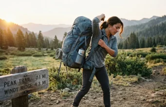 How to Choose a Hiking Backpack Without Wasting Money Hiker shouldering a loaded hiking backpack at a trailhead at sunrise