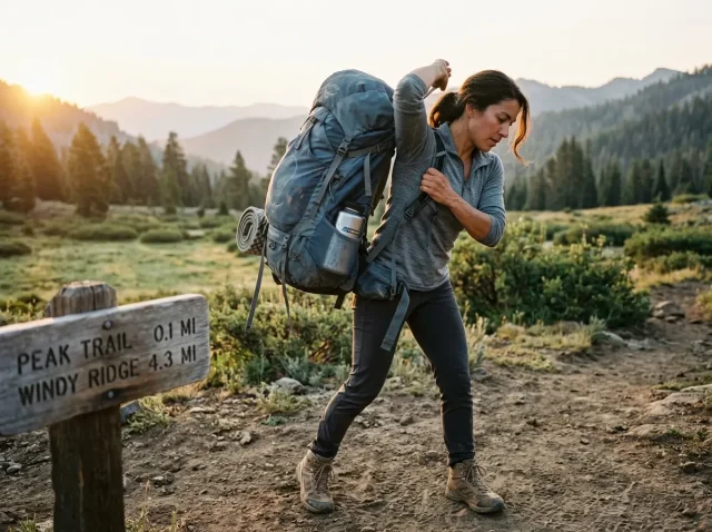 how-to-choose-hiking-backpack-trailhead Hiker shouldering a loaded hiking backpack at a trailhead at sunrise