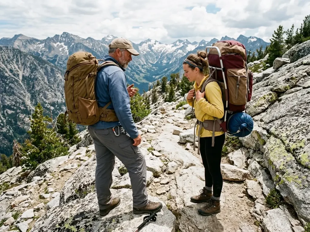 Hikers comparing internal frame and external frame backpacks on a rocky trail