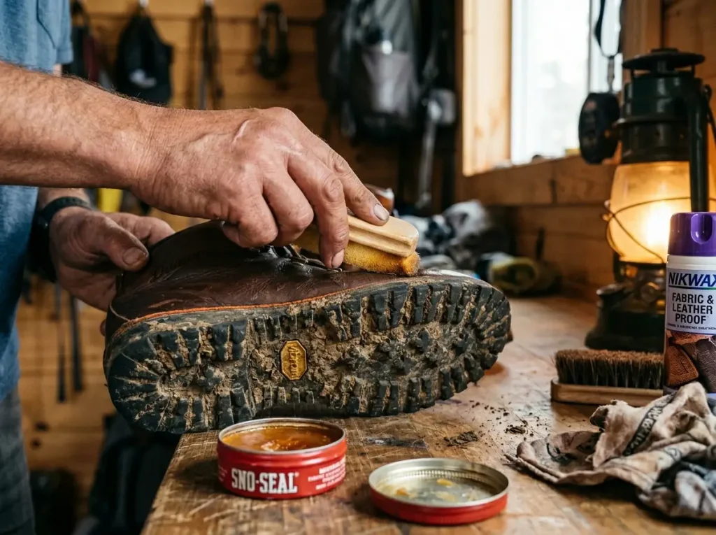 Hands applying leather conditioner to a full-grain hiking boot showing proper boot maintenance