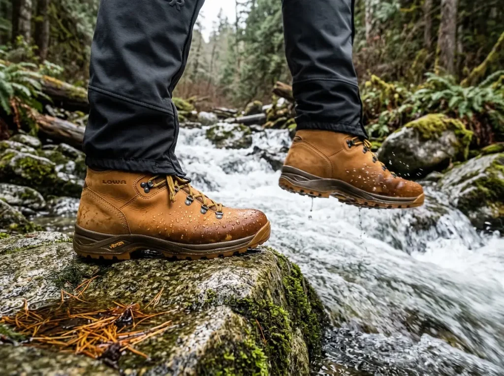 Hiker's leather hiking boot shedding water beads on a wet granite slab in Pacific Northwest conditions
