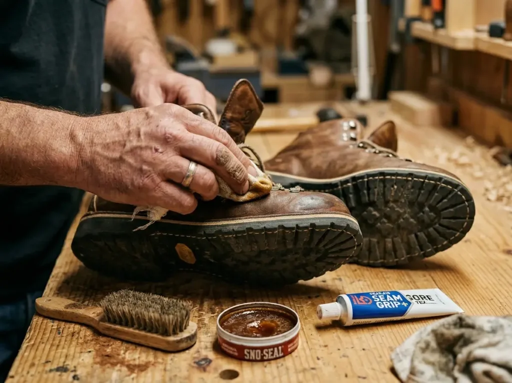 Close-up of leather hiking boots being conditioned with wax showing durability maintenance routine