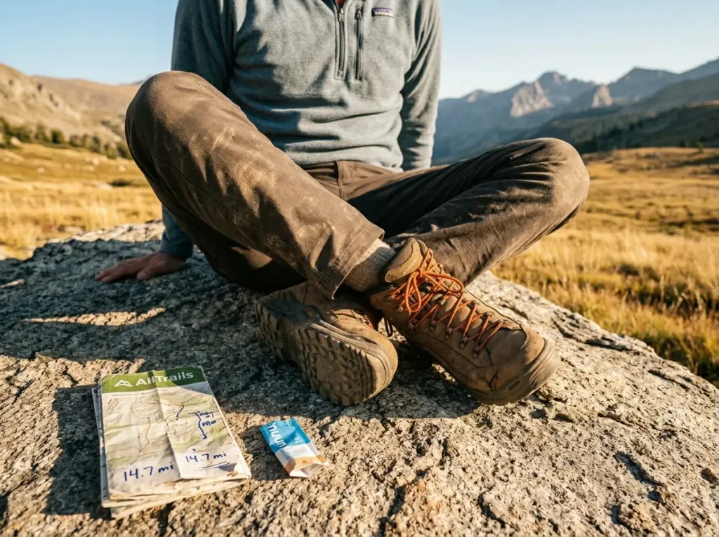 Leather hiking boots with worn outsole next to a trail marker showing miles logged