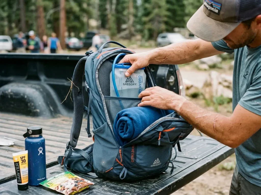 Hands sliding a hydration reservoir high against the back panel while loading a daypack on a tailgate